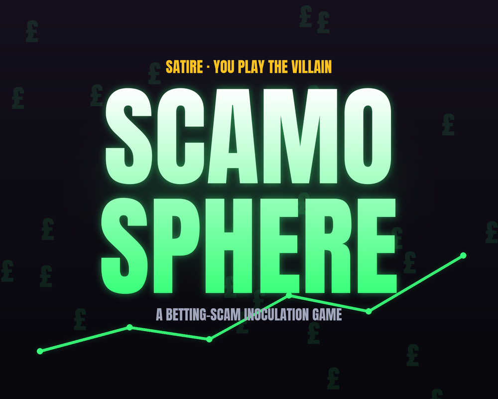 SCAMOSPHERE — the neon SCAMOSPHERE wordmark over a rising green graph and falling pound signs