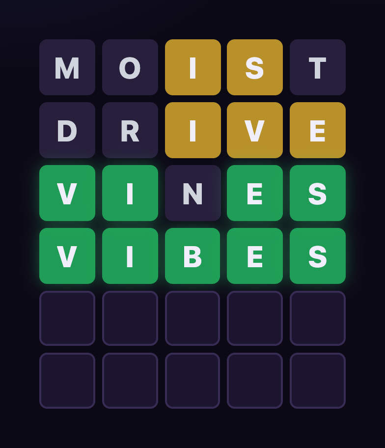Badman Wordle gameplay — solving the slang word VIBES, tiles turning gold and green